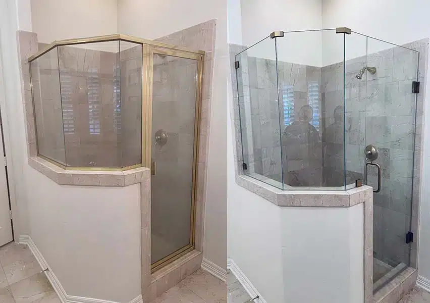 before and after photo-framed shower vs. frameless